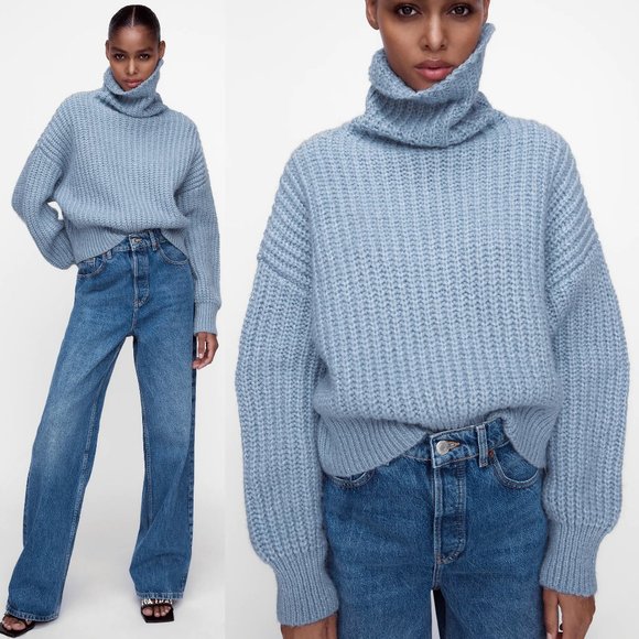 Zara Sweaters - NEW Zara High Neck Chunky Knit Sweater Light Blue